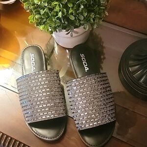 Women's Slides Size 7.5. Silver Beaded Top. Worn Once. Newish Condition. By Soda